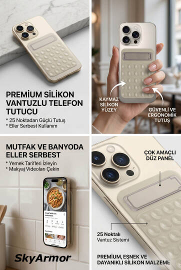 Standlı Silikon Telefon Tutucu – Aynaya ve Cama Yapışan Vantuzlu Selfie Standı Sky165 Krem