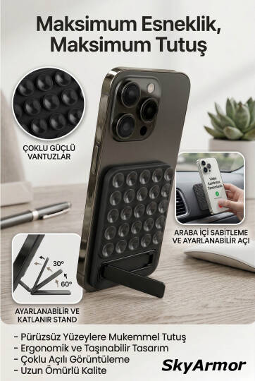Standlı Silikon Telefon Tutucu – Aynaya ve Cama Yapışan Vantuzlu Selfie Standı Sky165 Siyah