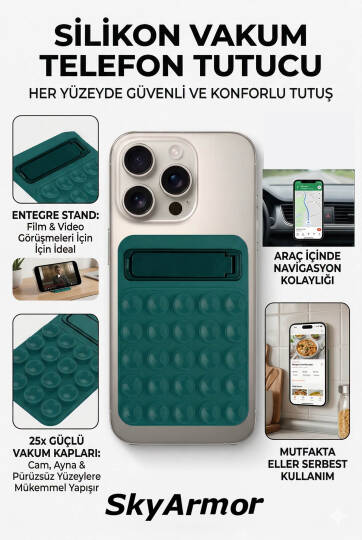 Standlı Silikon Telefon Tutucu – Aynaya ve Cama Yapışan Vantuzlu Selfie Standı Sky165 Haki
