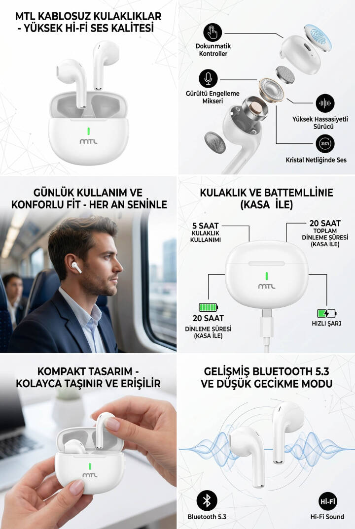 TWS Kablosuz Bluetooth Kulaklık Şık ve Hafif Tasarım Yüksek Ses Kalitesi Hassas Dokunmatik Kontrol - 5