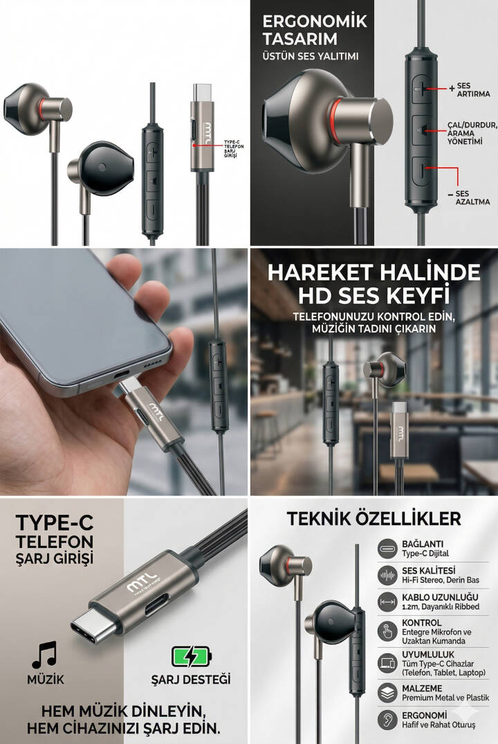 Type-C Mıknatıslı Stereo Kulaklık Şarj Girişli Tak Çalıştır Oyuncu - Yüksek Ses Kalitesi MT255 - 5