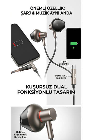 Type-C Mıknatıslı Stereo Kulaklık Şarj Girişli Tak Çalıştır Oyuncu - Yüksek Ses Kalitesi MT255 - 6