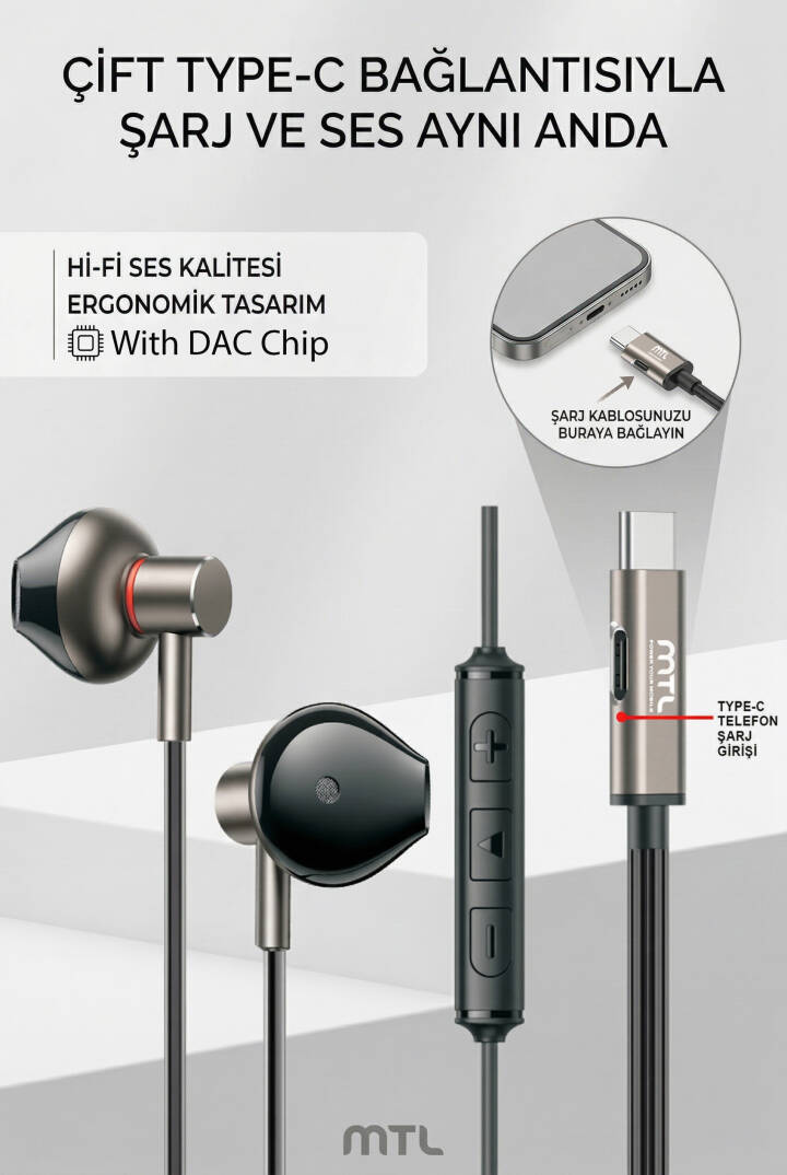 Type-C Mıknatıslı Stereo Kulaklık Şarj Girişli Tak Çalıştır Oyuncu - Yüksek Ses Kalitesi MT255 - 8