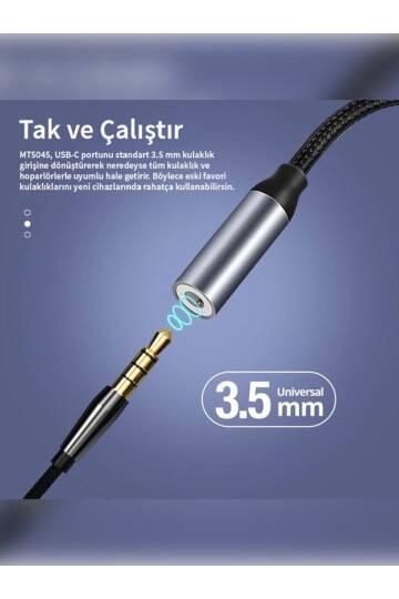 Type-C to 3.5mm AUX Adaptör - DAC Çipli, Dayanıklı Örgü Kablo Ses Dönüştürücü - 5