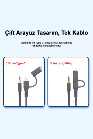 Type-C ve iPhone Lightning To 3.5mm Aux Dolanmaz Silikon Ses Kablosu 2 in 1 Stereo OTG MT2812 - 2