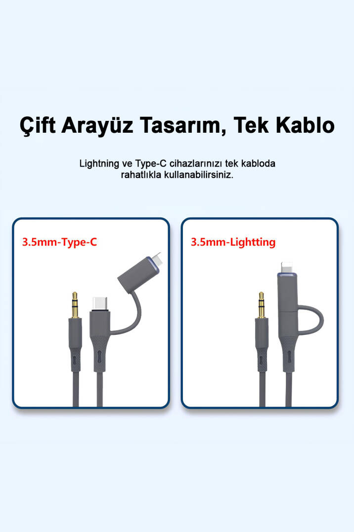 Type-C ve iPhone Lightning To 3.5mm Aux Dolanmaz Silikon Ses Kablosu 2 in 1 Stereo OTG MT2812 - 2