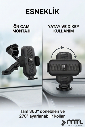Uzatılabilir Kol Araç İçi Dayanıklı Güçlü Vantuzlu Telefon Tutucu Kilitli 360° Döner Başlık MT6068 - 6