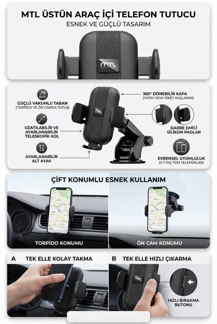 Uzatılabilir Kol Araç İçi Dayanıklı Güçlü Vantuzlu Telefon Tutucu Kilitli 360° Döner Başlık MT6068 - 13