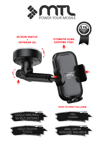 Vakumlu Araç İçi Telefon Tutucu Uzatılabilir ve Ayarlanabilir Kol Otomatik Kilit Sistemi MT6088
