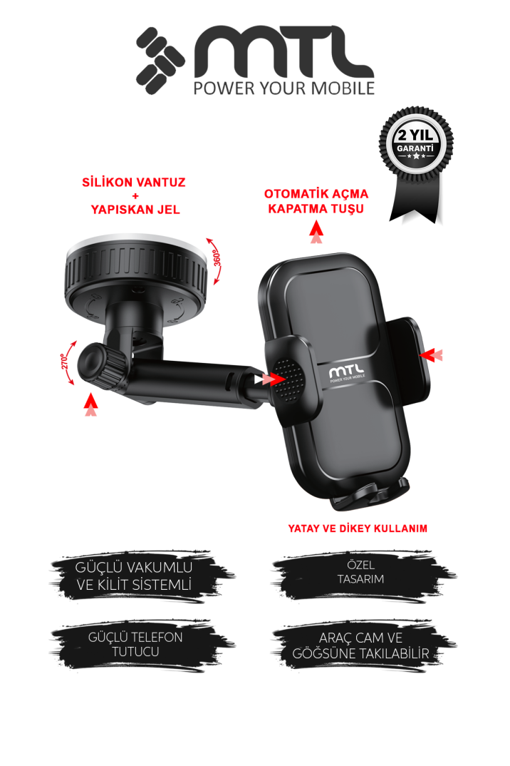 Vakumlu Araç İçi Telefon Tutucu Uzatılabilir ve Ayarlanabilir Kol Otomatik Kilit Sistemi MT6088 - 1