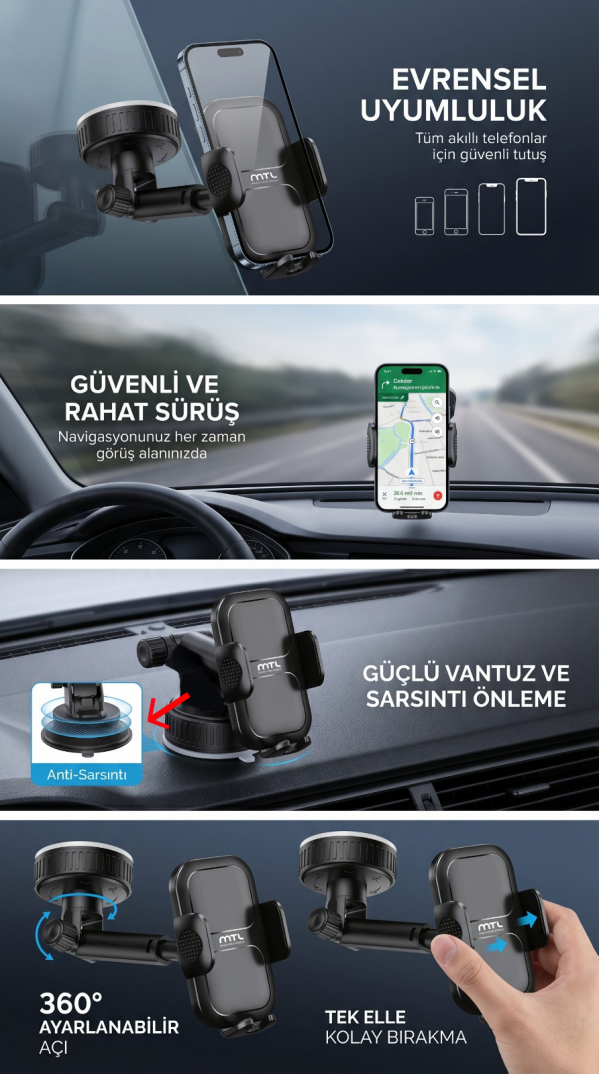 Vakumlu Araç İçi Telefon Tutucu Uzatılabilir ve Ayarlanabilir Kol Otomatik Kilit Sistemi MT6088 - 3