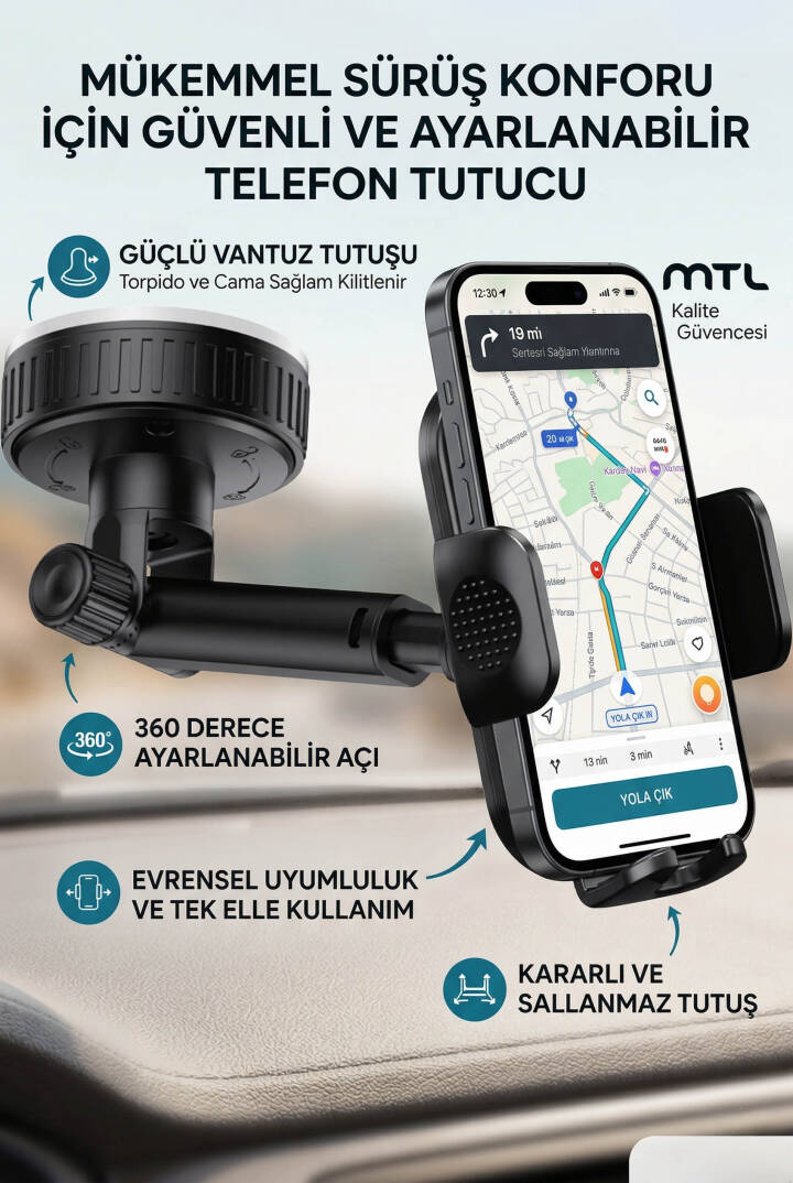 Vakumlu Araç İçi Telefon Tutucu Uzatılabilir ve Ayarlanabilir Kol Otomatik Kilit Sistemi MT6088 - 4