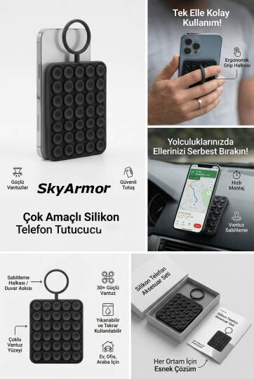 Vantuzlu Telefon Tutucu Silikon Yapışkanlı Sabitleyici, Selfie ve Video İçin Duvar Askısı Sky163 - 4