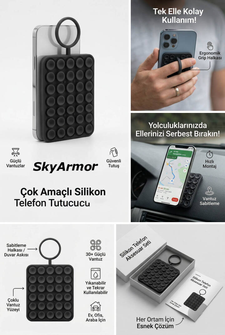 Vantuzlu Telefon Tutucu Silikon Yapışkanlı Sabitleyici, Selfie ve Video İçin Duvar Askısı Sky163 - 4