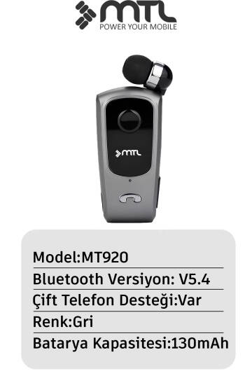 Yaka Klipsli Mono Makaralı Bluetooth Kulaklık Çift Telefon Destekli Mt920 - 8